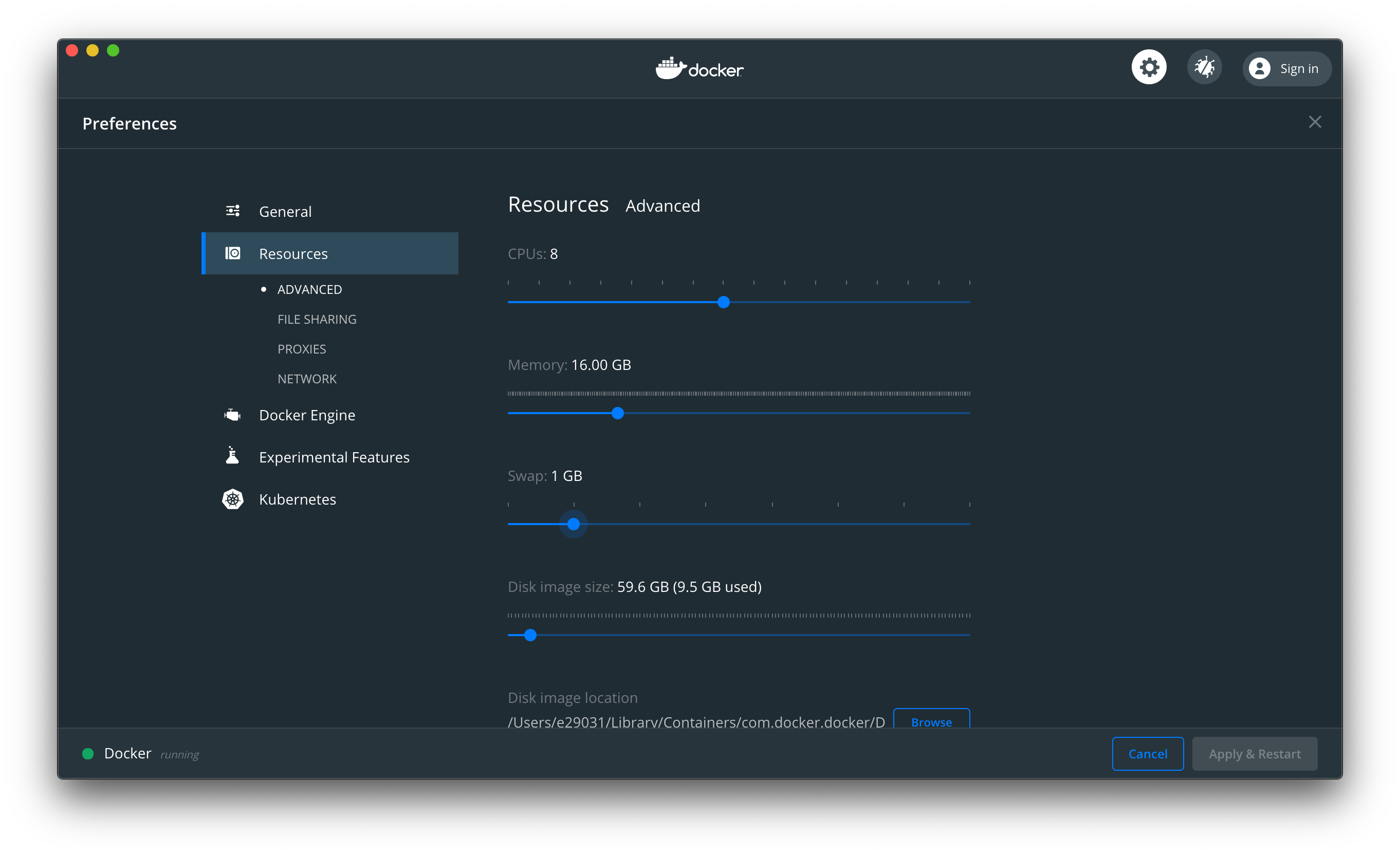 macOS Docker Resource Settings Configuration