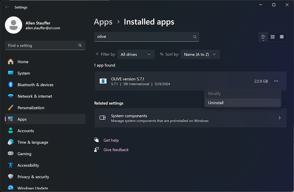 Windows Uninstall - Find OLIVE
