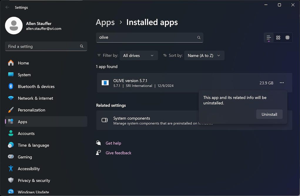 Windows Uninstall - Find OLIVE 2